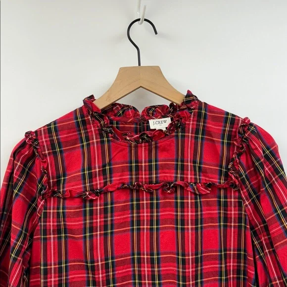 J. Crew Tartan Plaid Ruffle Popover Poplin Blouse Preppy Holiday Red Medium - Picture 5 of 11